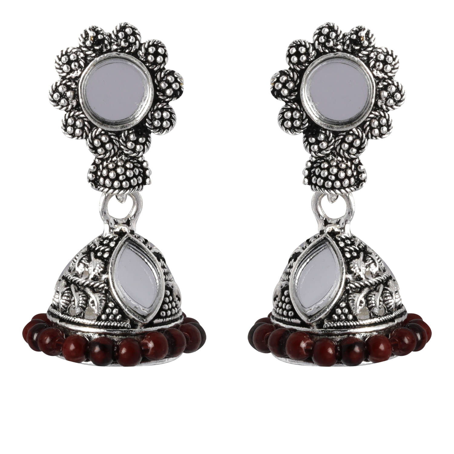     			SILVER SHINE  Trendy Maroon Mirror with Beads Jhumki Earrings