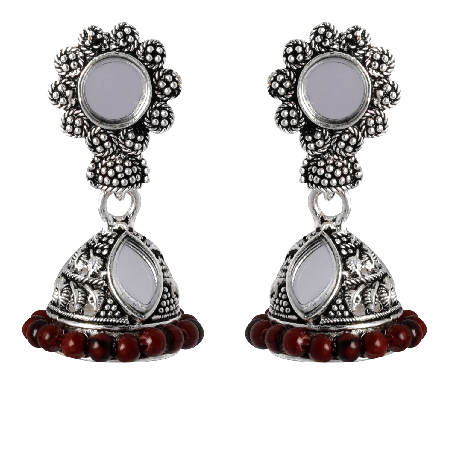     			SILVER SHINE  Trendy Maroon Mirror with Beads Jhumki Earrings