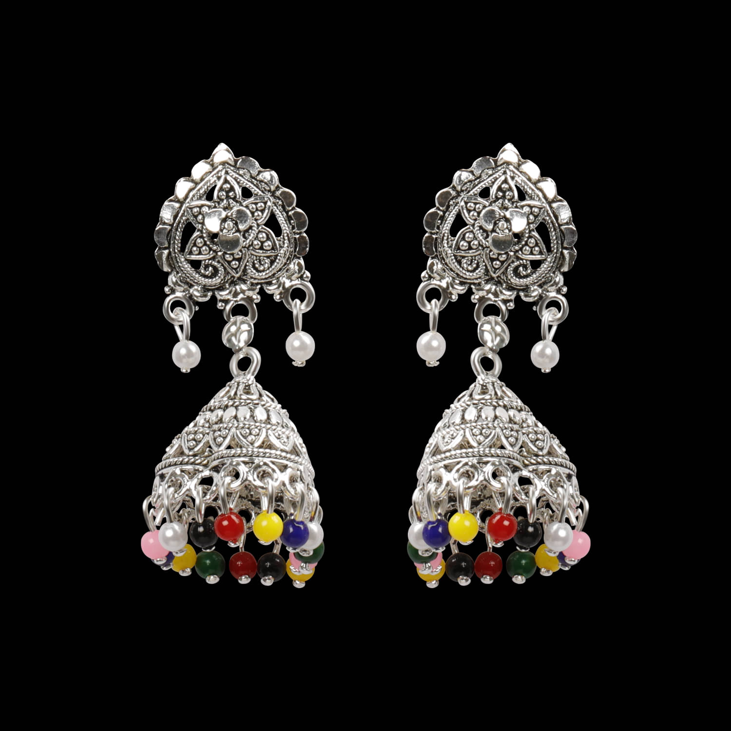     			SILVER SHINE  Alluring Multicolor Flower and Beads Jhumki Earrings