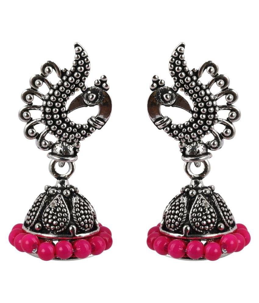     			SILVER SHINE  Attractive Pink Beads in Peacock Shape Jhumki Earrings