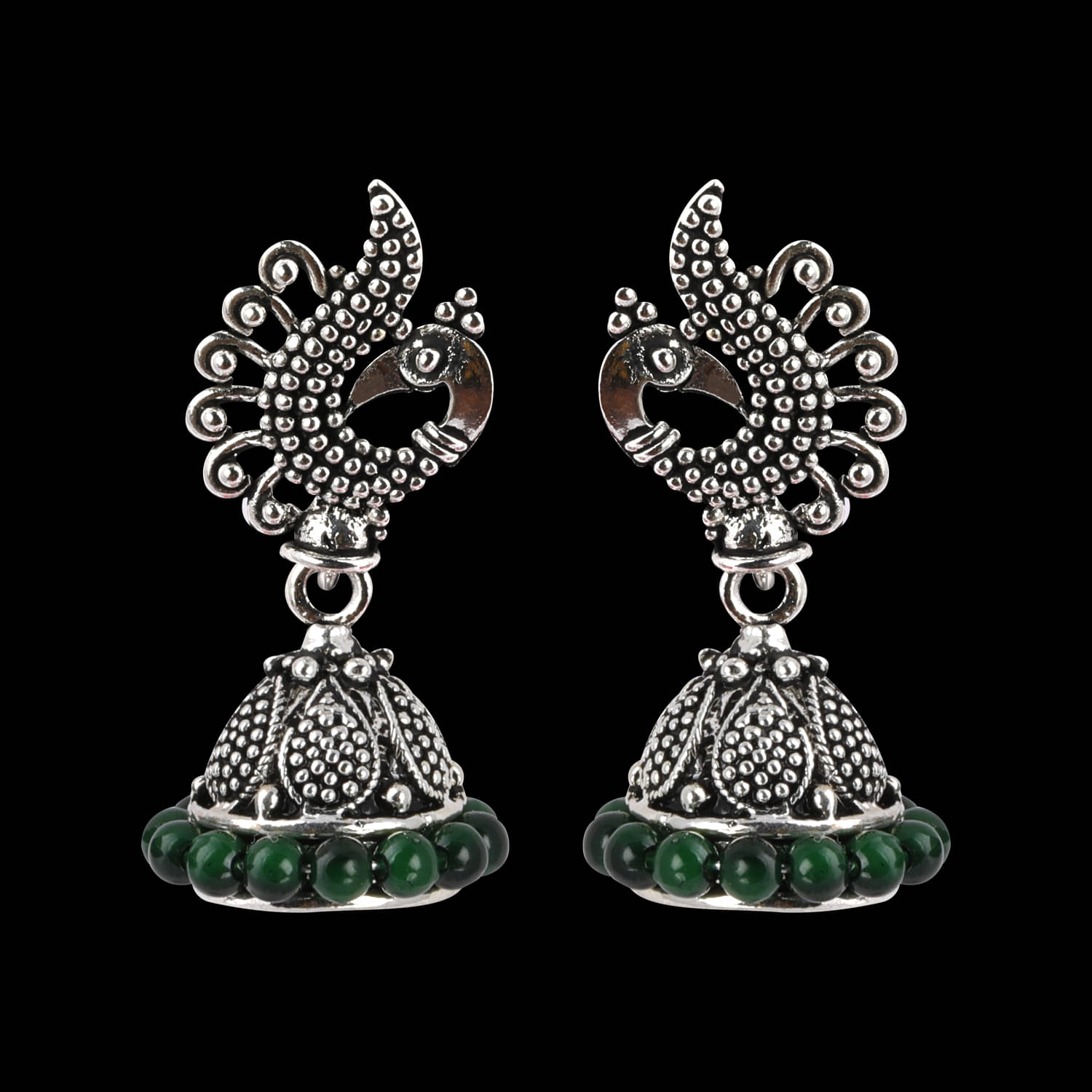     			SILVER SHINE  Beautiful Green Beads in Peacock Shape Jhumki Earrings