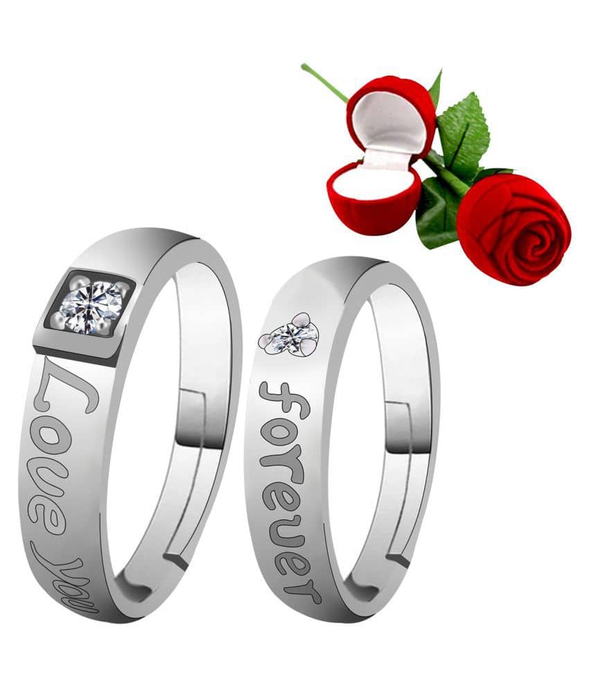 Silver Plated Adjustable Couple Rings Set for lovers Ring with 1 Piece Red Rose Gift Box  for Men and Women