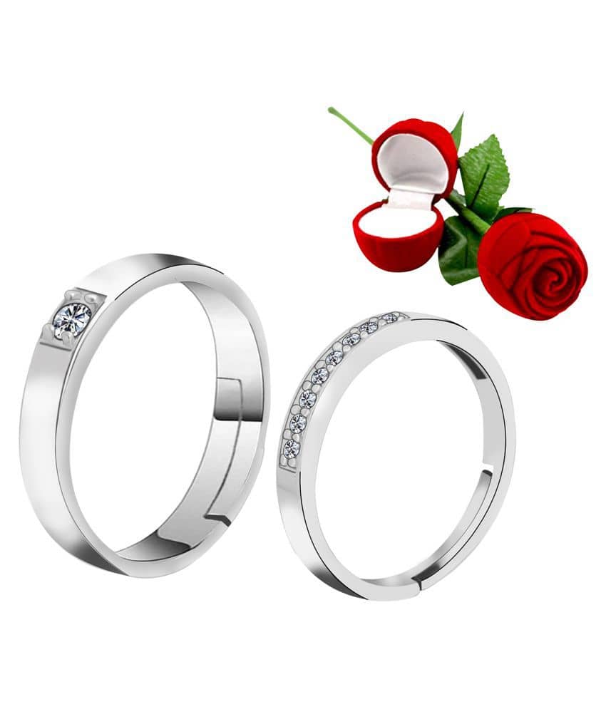 Silver Plated Adjustable Couple Rings Set for lovers Ring with 1 Piece Red Rose Gift Box  for Men and Women