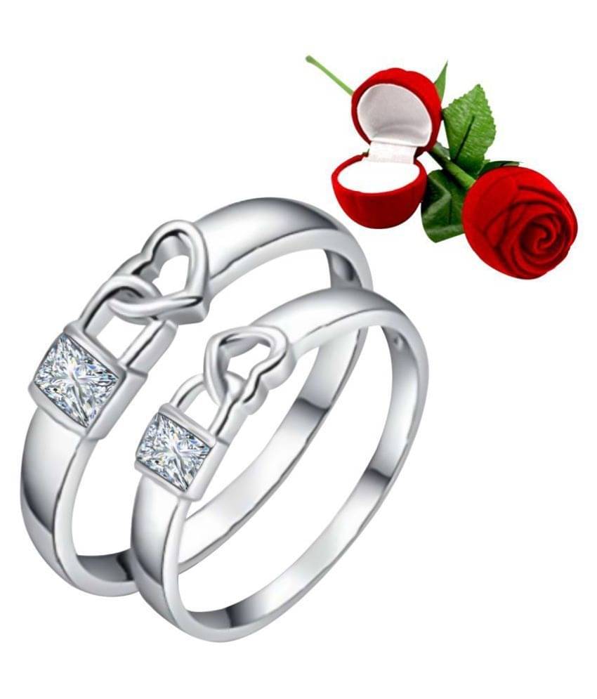     			Silver Plated Adjustable Couple Rings Set for lovers Ring with 1 Piece Red Rose Gift Box for Men and Women