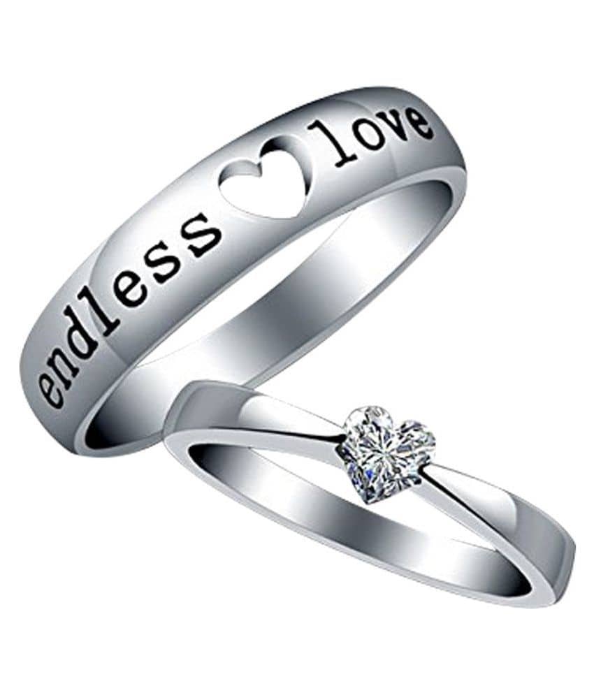 Silver Shine Silver Plated Solitaire 'Endless Love' Heart Adjustable Couple ring for Men and Women,Couple ring for Girls and Boys-2 pieces