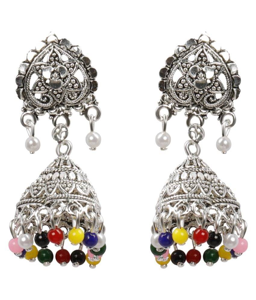     			SILVER SHINE  Alluring Multicolor Flower and Beads Jhumki Earrings