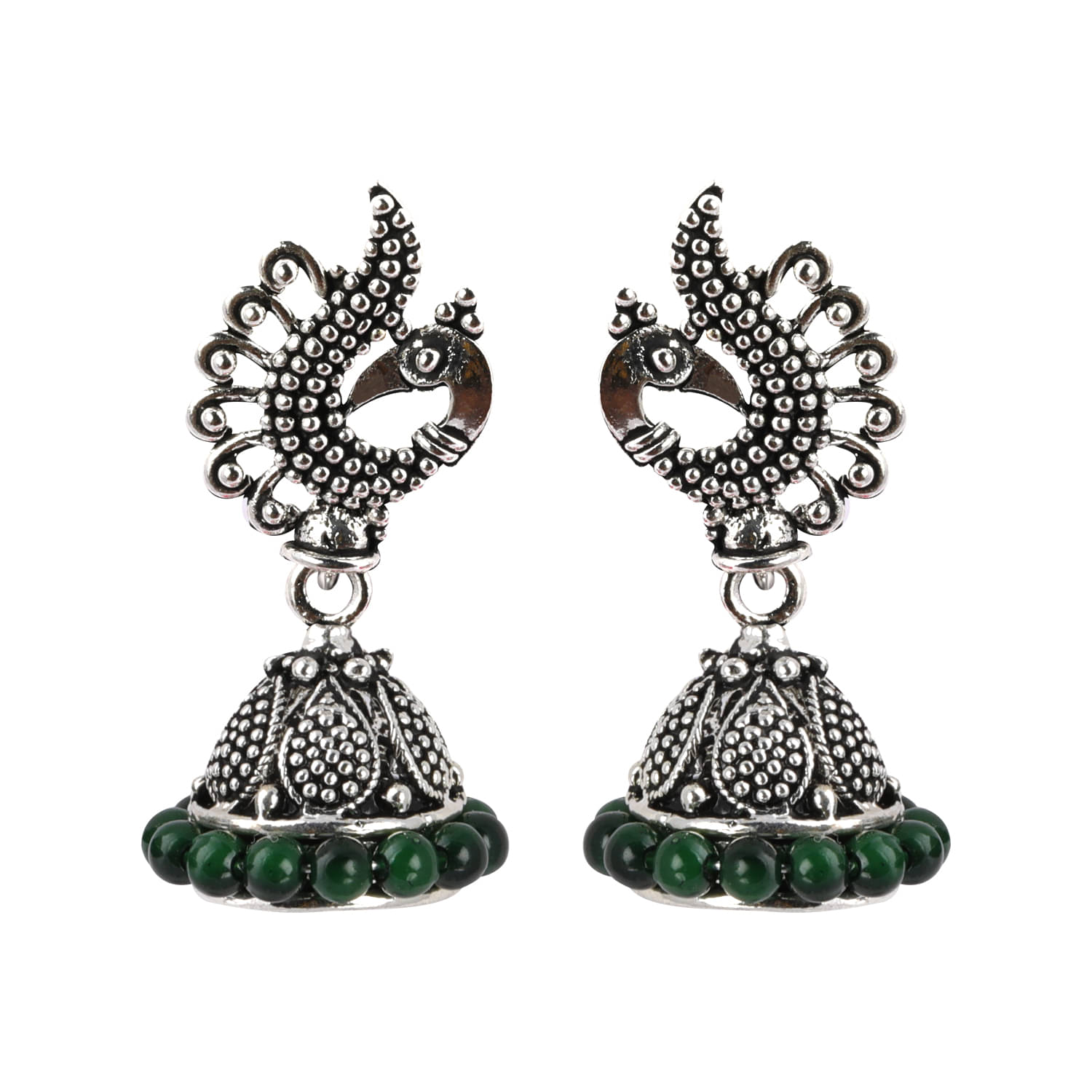     			SILVER SHINE  Beautiful Green Beads in Peacock Shape Jhumki Earrings