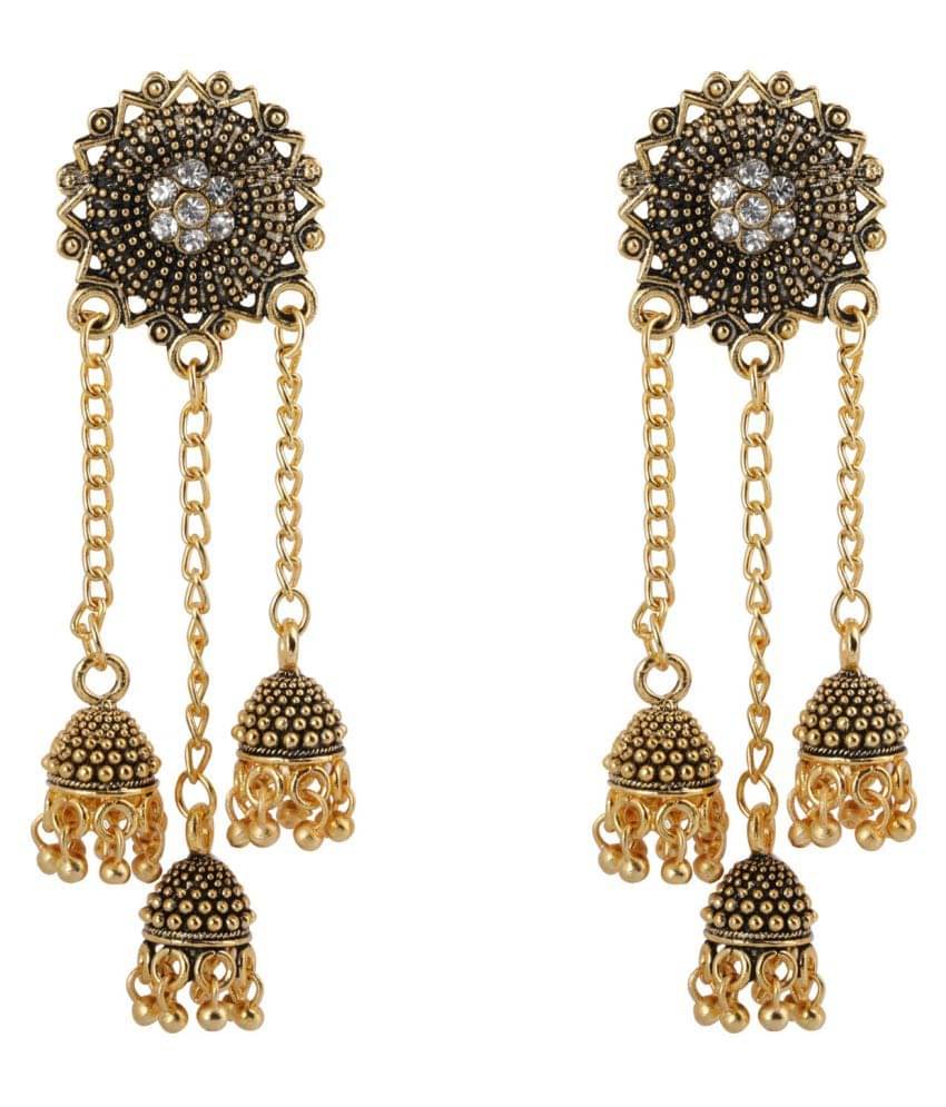     			SILVER SHINE  Dazzling Round Flower 3 Dangler Jhumki Earrings for Women