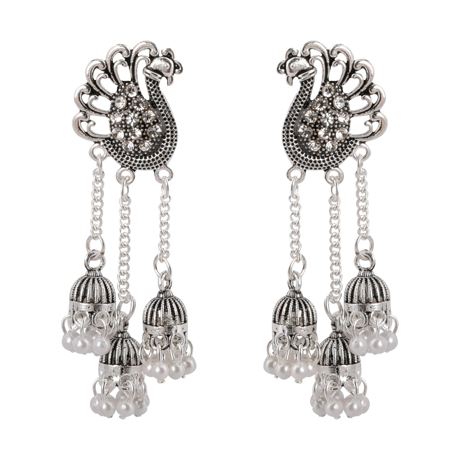 SILVER SHINE  Dazzling Silver Peacock Tassel Jhumki Earrings for Women - Earrings | Buy online on ZillyBuy
