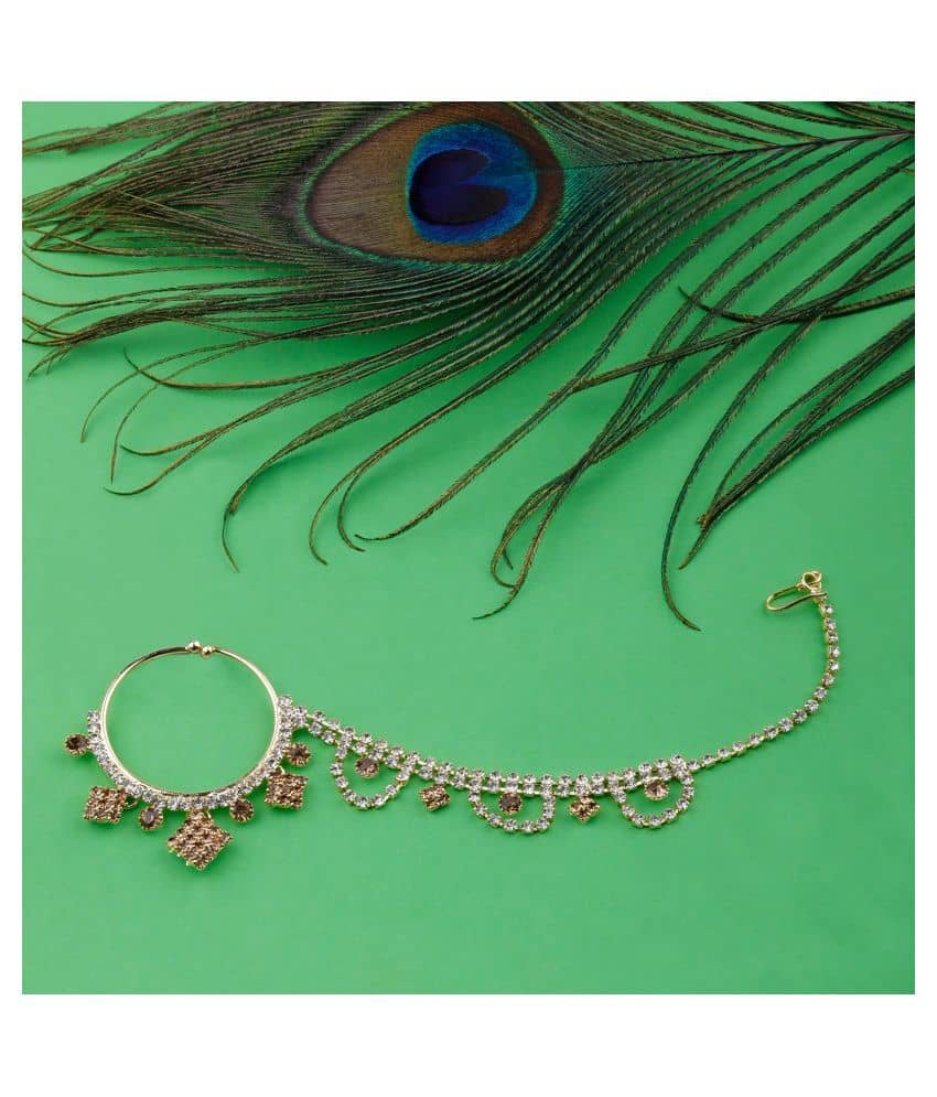 SILVER SHINE  Traditional Gold Plated Antique Golden  Diamond Studded Designer Wedding Nose Ring for Girls And Women Jewellery