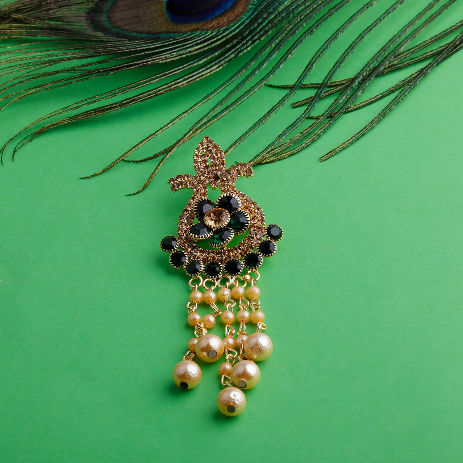 SILVER SHINE  Traditional Gold Plated Antique Bottle Green Colour Diamond Studded Pearl Drop Designer Wedding Brooch For Unisex Jewellery - Jewellery Sets | Buy online on ZillyBuy