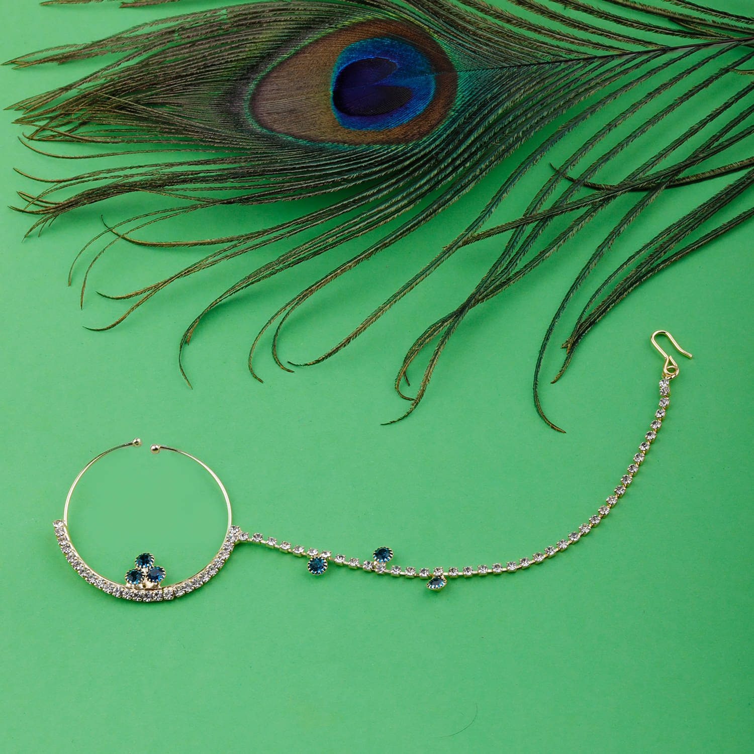     			SILVER SHINE  Traditional Gold Plated Elegant One line Chain Peacock Blue Diamond Studded Designer Wedding Nose Ring For Girls And Women Jewellery