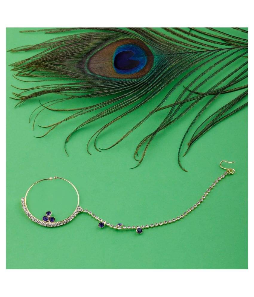     			SILVER SHINE  Traditional Gold Plated Elegant One line Chain Royal Blue Diamond Studded Designer Wedding Nose Ring For Girls And Women Jewellery