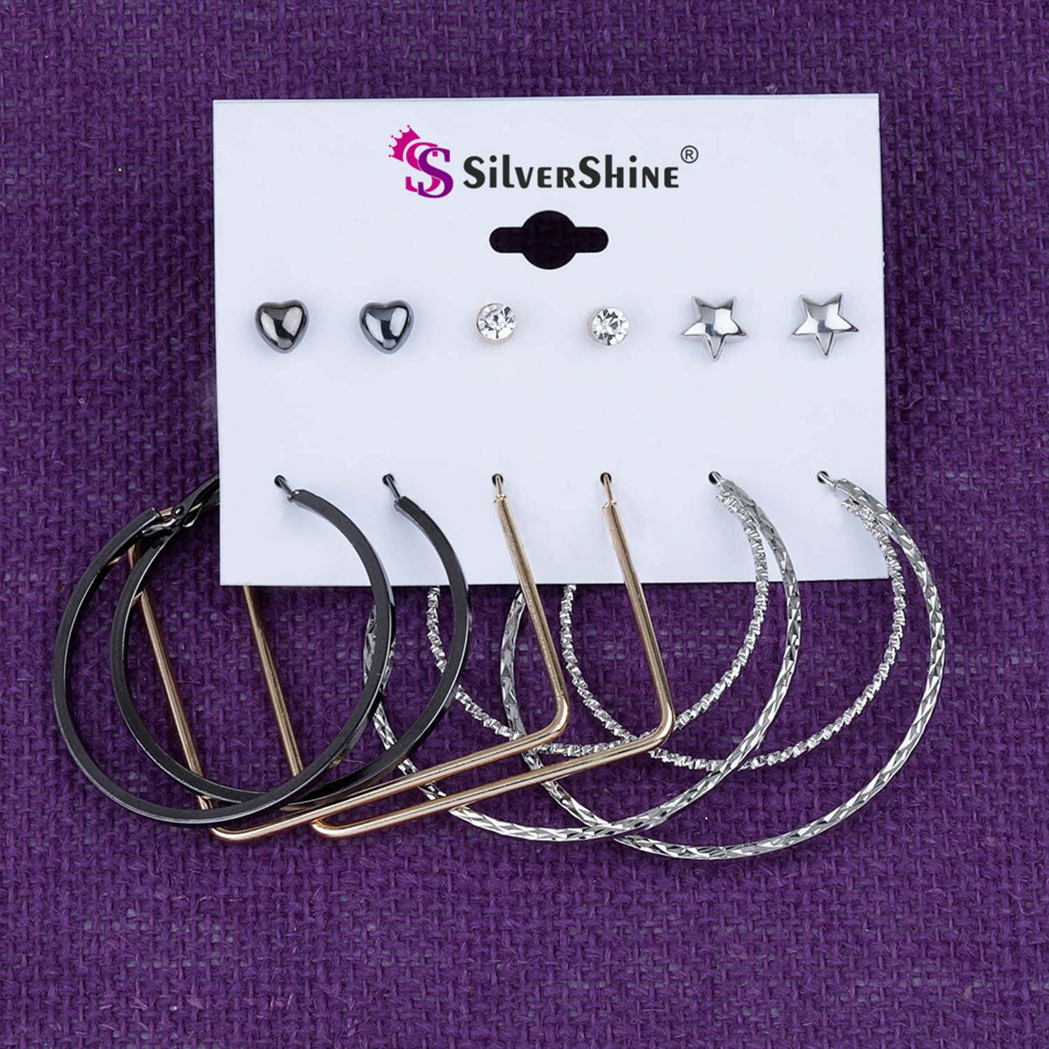     			Silver Shine Stylish Fashion Earring Combo 3 Bali With 3 Studs Set For Women Girls
