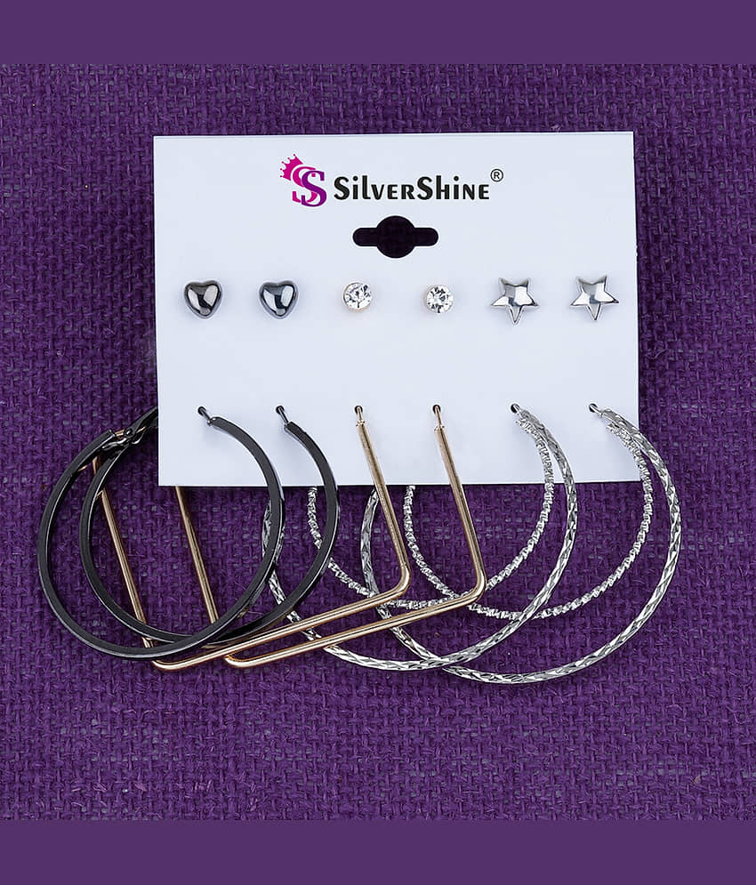 Silver Shine Stylish Fashion Earring Combo 3 Bali With 3 Studs Set For Women Girls - Earrings | Buy online on ZillyBuy