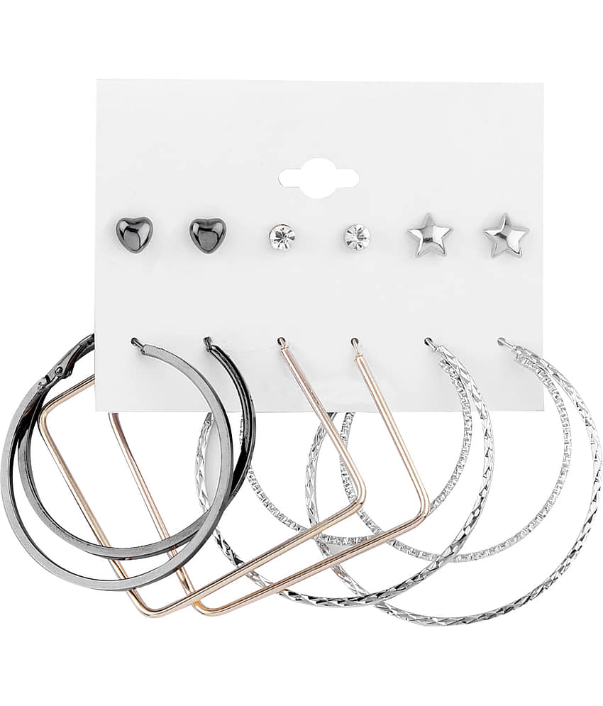 Silver Shine Stylish Fashion Earring Combo 3 Bali With 3 Studs Set For Women Girls - Earrings | Buy online on ZillyBuy