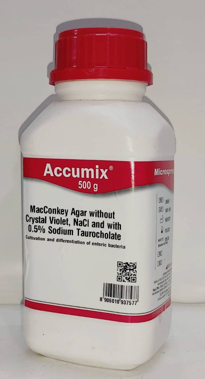     			MACCONKEY AGAR WITHOUT CRYSTAL VIOLET , NACI AND WITH 0.5%  500GM SODIUM  TAUROCHOLATE 500GM