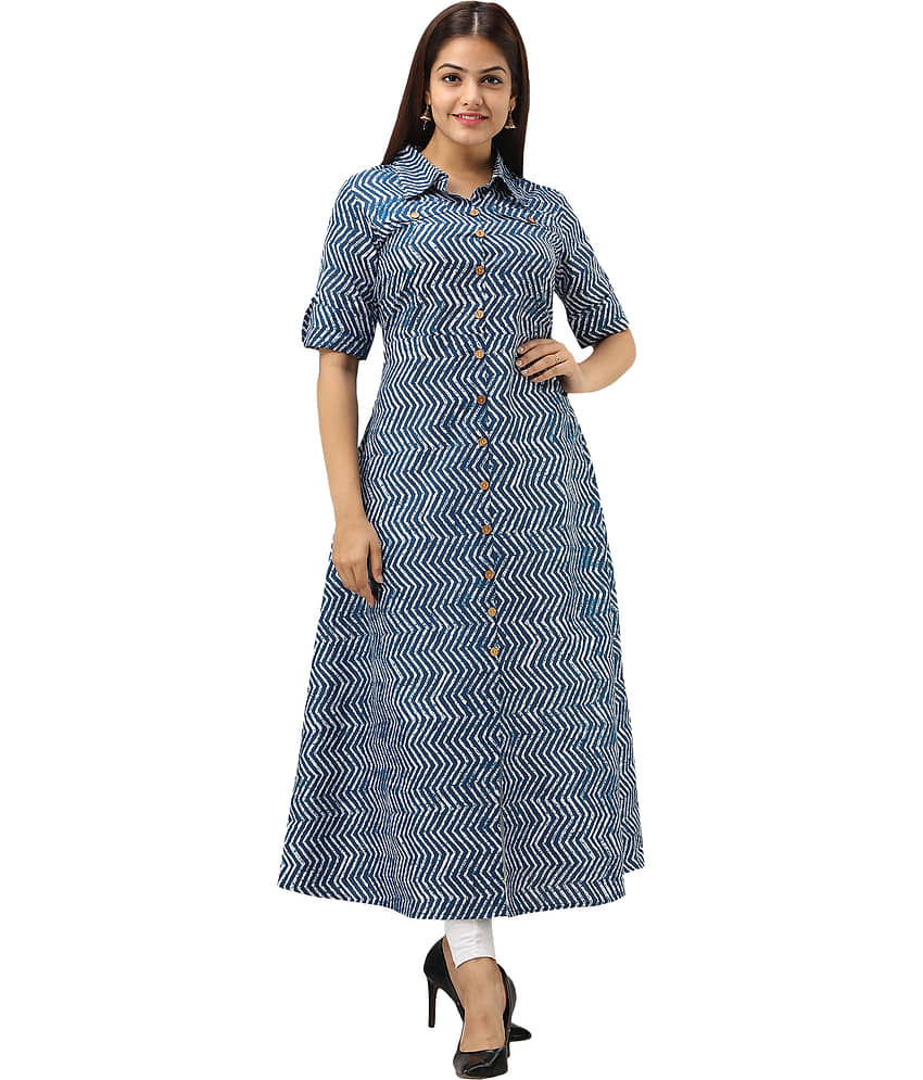 Jaipurethnicwaves - Blue Cotton Women's Flared Kurti ( Pack of 1 )