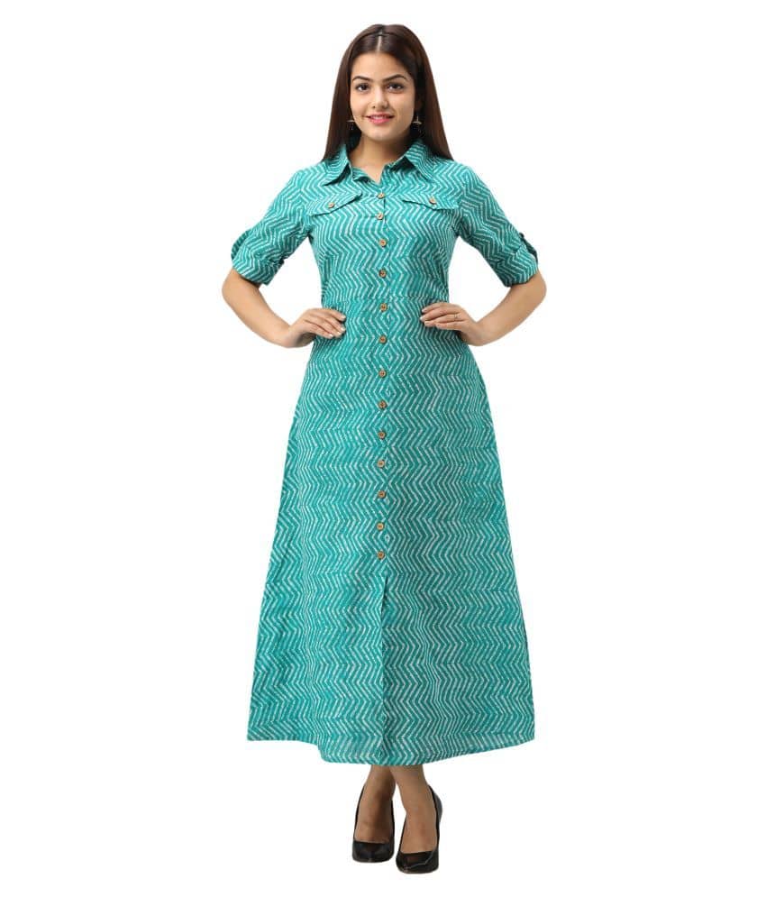 Jaipurethnicwaves - Green Cotton Women's A-line Kurti ( )