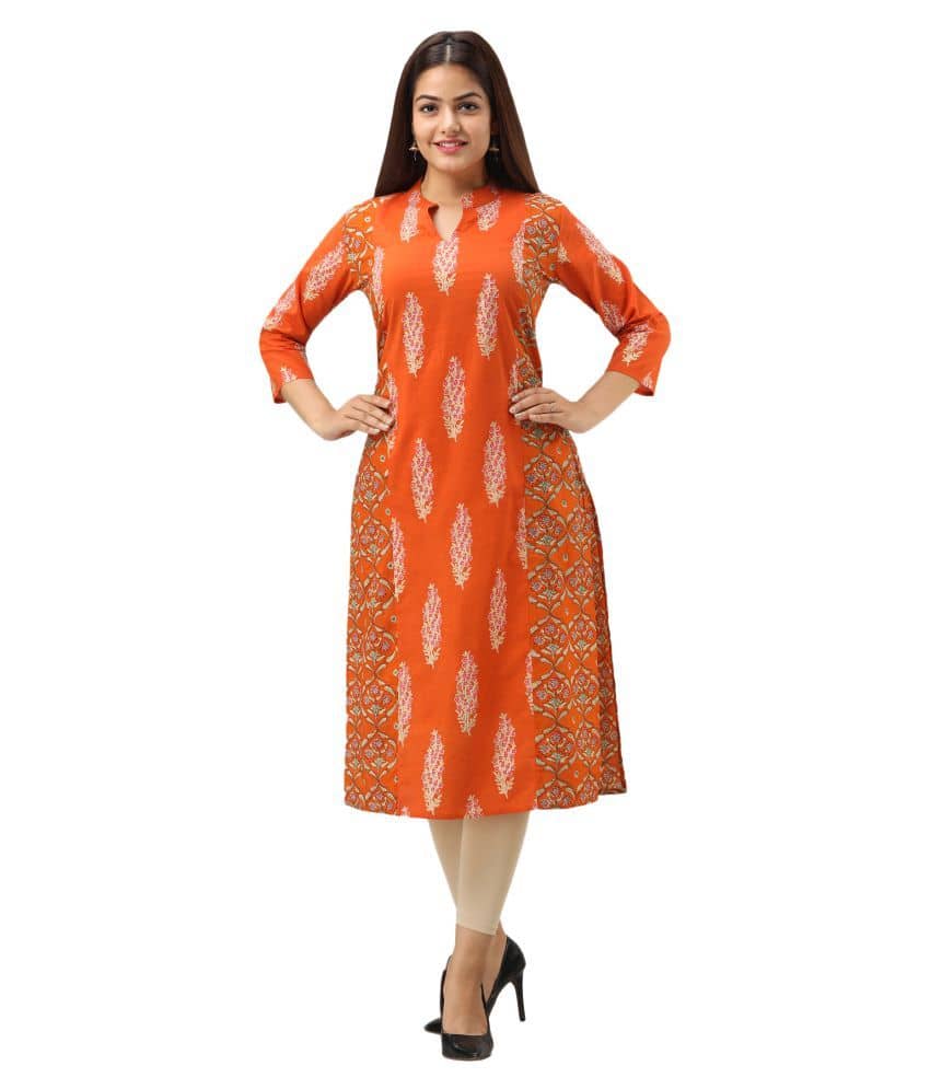 Jaipurethnicwaves - Orange Cotton Women's Straight Kurti