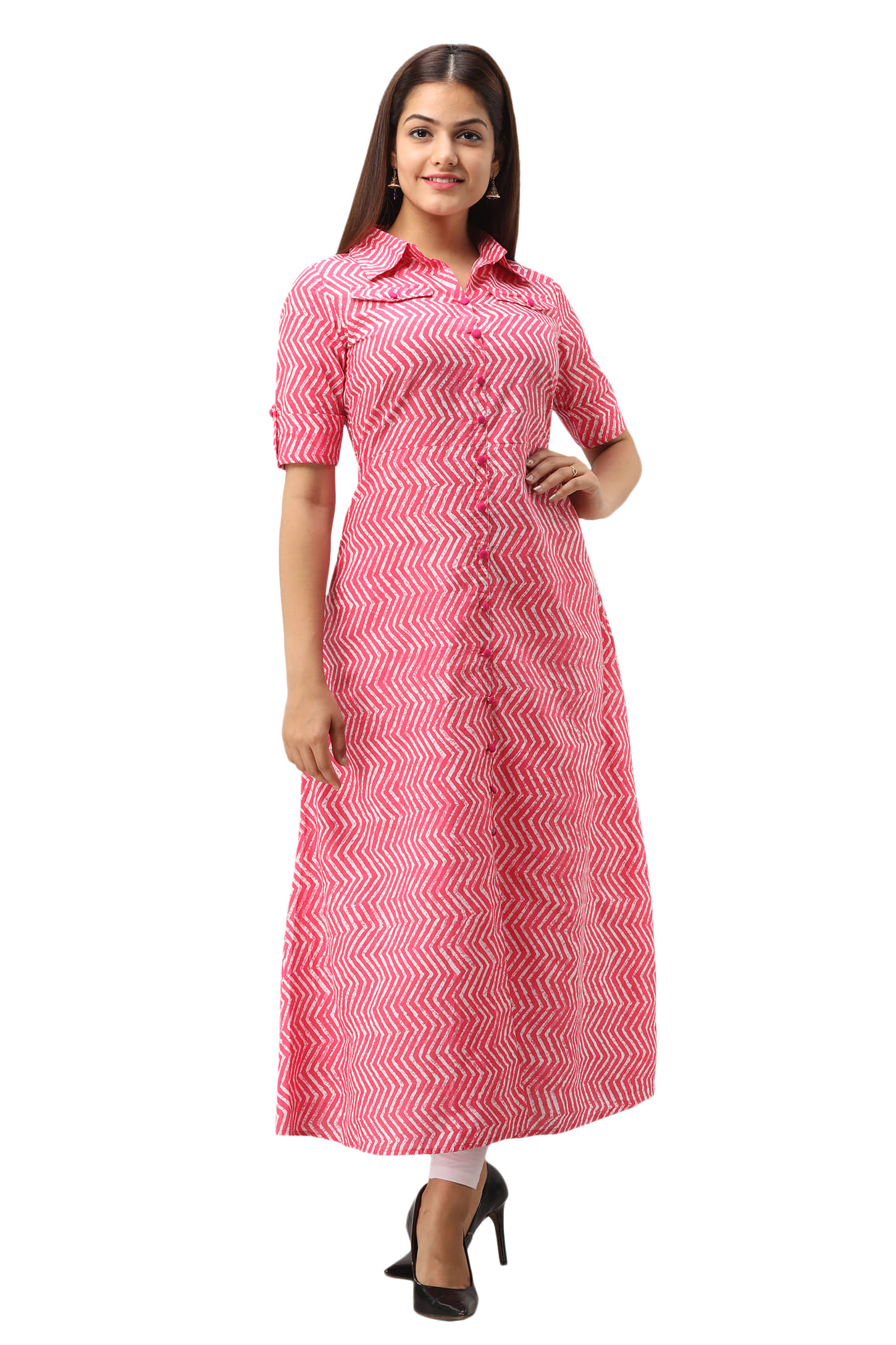 Jaipurethnicwaves - Pink Cotton Women's Front Slit Kurti ( Pack of 1 )