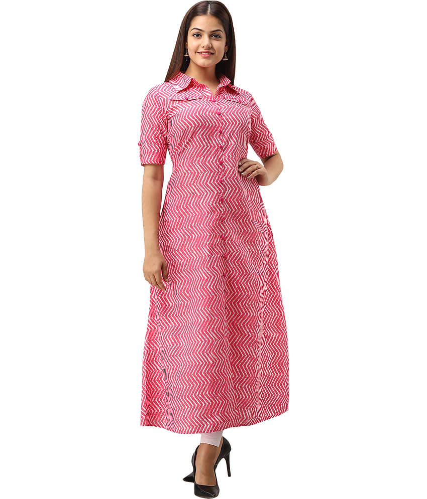 Jaipurethnicwaves - Pink Cotton Women's Front Slit Kurti ( Pack of 1 )