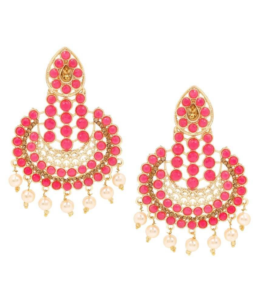     			Asmitta Wedding wear Pink Kundan Studded Dangle Earrings with Pearl Drops