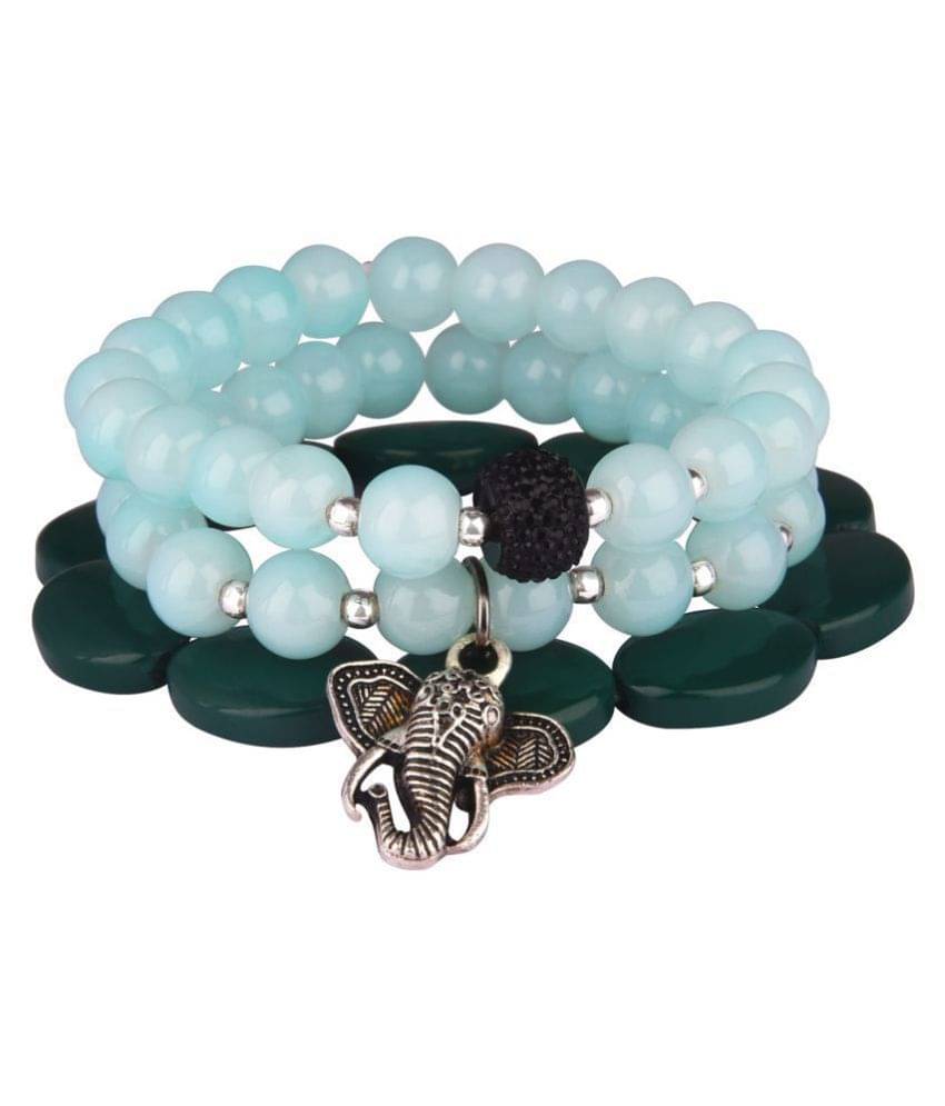 JFL - Jewellery For Less Modern Fusion Two Pale Turquoise Onyx Stone with Silver Platted Elephant Face and Black Bead & Dark Green Oval Agate Stone Stretchable Bracelet for Womens & Girls JFL - Jewellery For Less Modern Fusion Two Pale Turquoise Onyx Stone with Silver Platted Elephant Face and Black Bead & Dark Green Oval Agate Stone Stretchable Bracelet for Womens & Girls