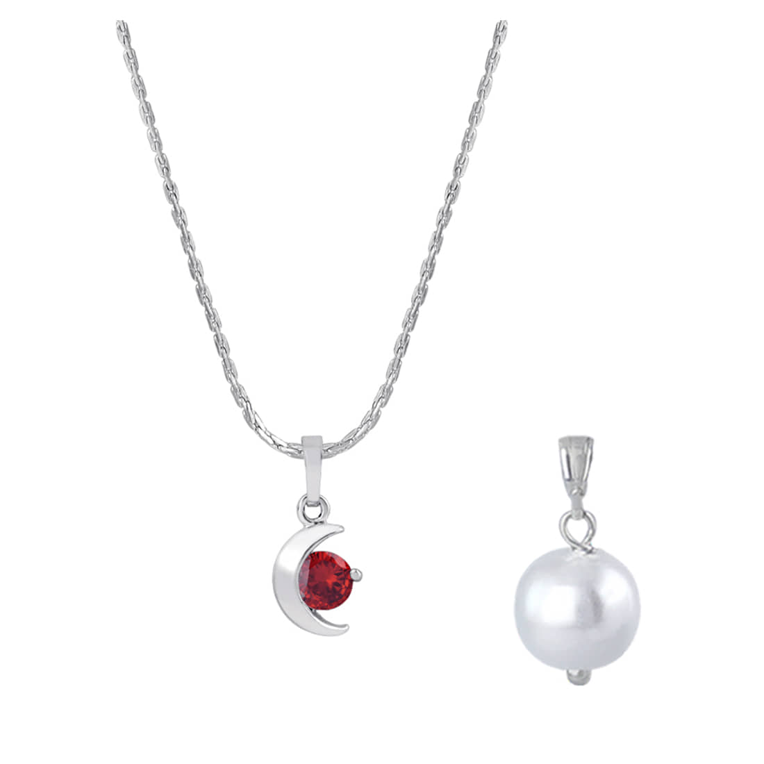 Fashion Combo of Silver Plated Cubic Zircon Red Half Moon Solitaire Pendant and Japanese Pearl Pendant with Chain for Women and Girls