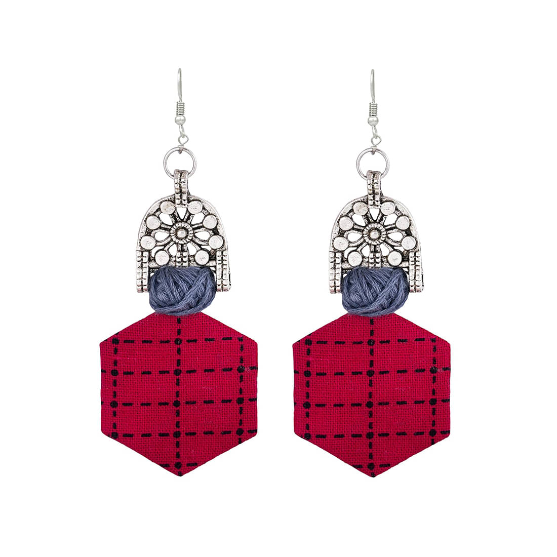     			Fashion Fabric Handcrafted Hexagon Pattern Dangler Earrings for Women and Girls (Pink & Black)