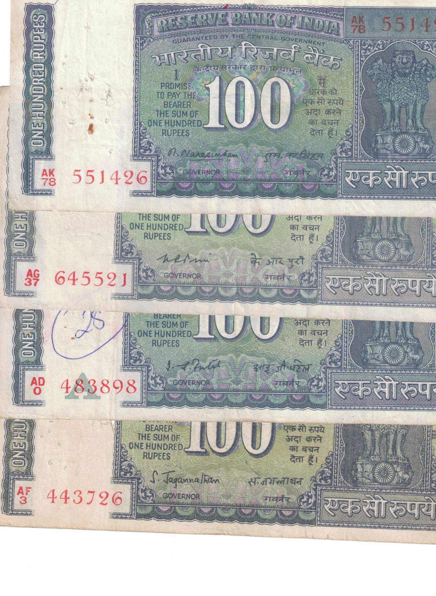     			4 PCS 100 RS USED XF CONDITION SIGN 4 GOVERNER SEE PHOTO