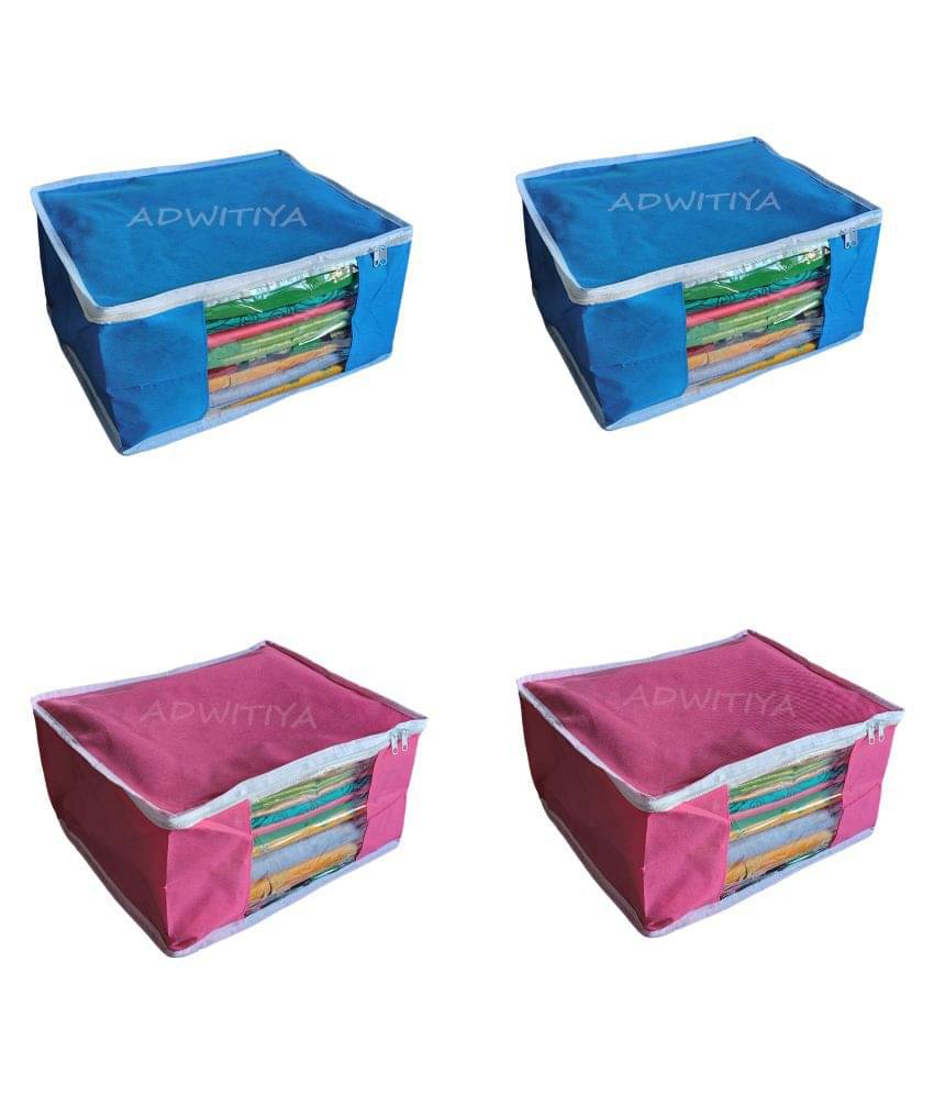 ADWITIYA - Set of 4 - Plain White Border Large Nonwoven Saree Salwar Suit Shirt Jeans Bedsheet Garment Cloth Storage Organizer Cover Case - Blue & Pink ADWITIYA - Set of 4 - Plain White Border Large Nonwoven Saree Salwar Suit Shirt Jeans Bedsheet Garment Cloth Storage Organizer Cover Case - Blue & Pink