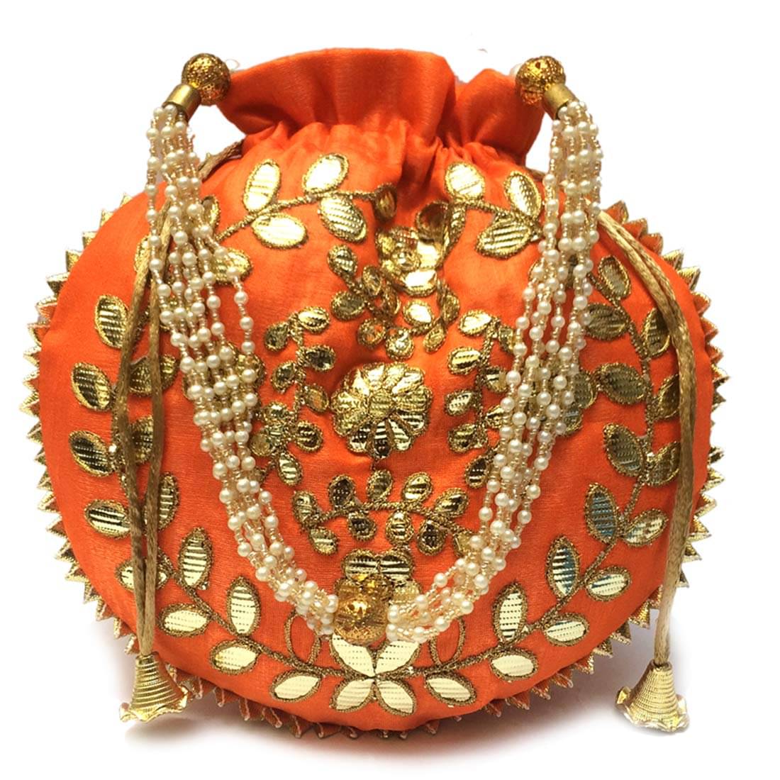     			Apratim Orange Silk Potli
