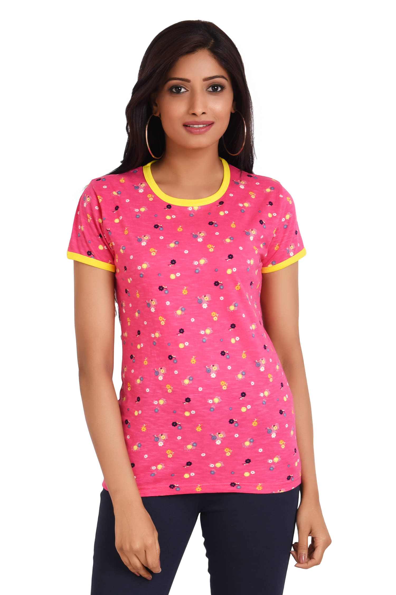 Neo Garments Women Cotton Printed Regular Fit Round Neck T-Shirt ( Pink )
