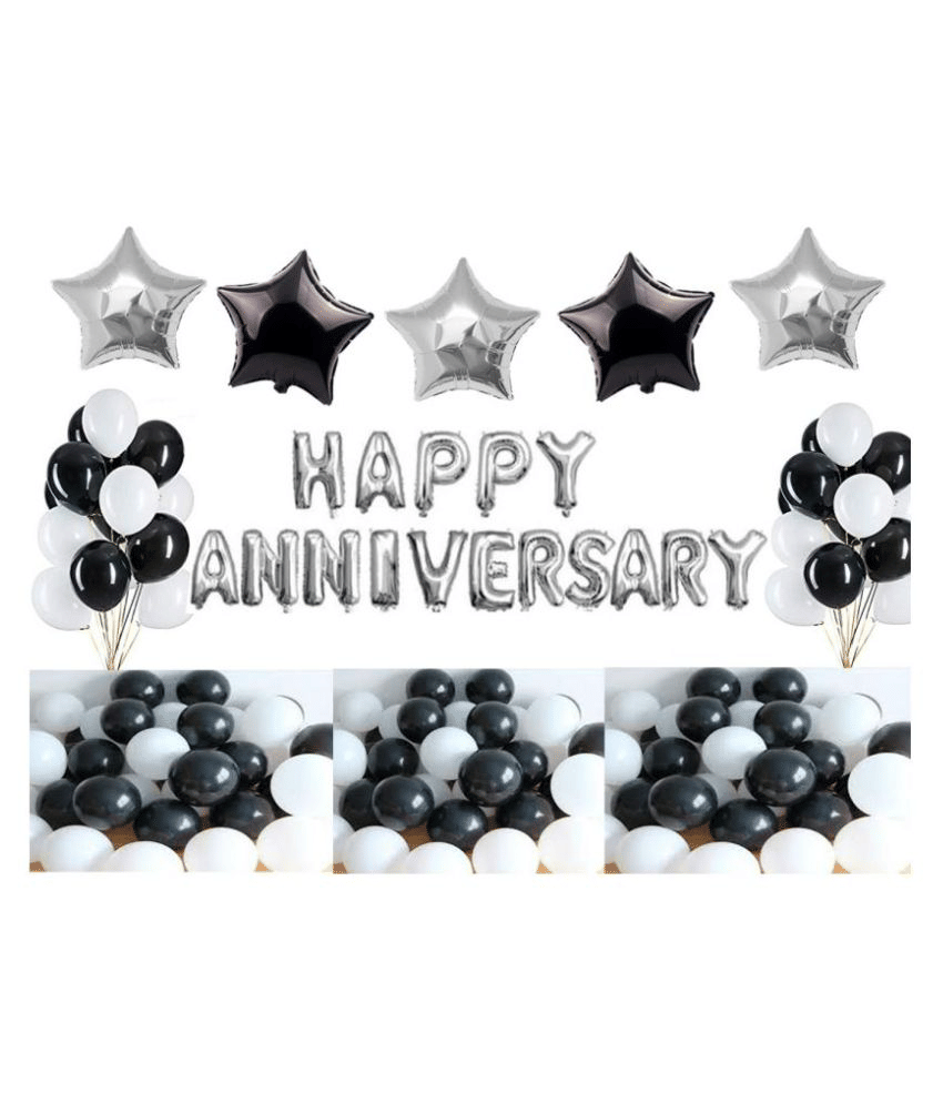     			Kiran Enterprises Happy Anniversary Foil Letters Balloons (Silver) + 3 Silver Stars Foil Balloon + 2 Black Stars Foil Balloon + 30 Black & White Party Balloons