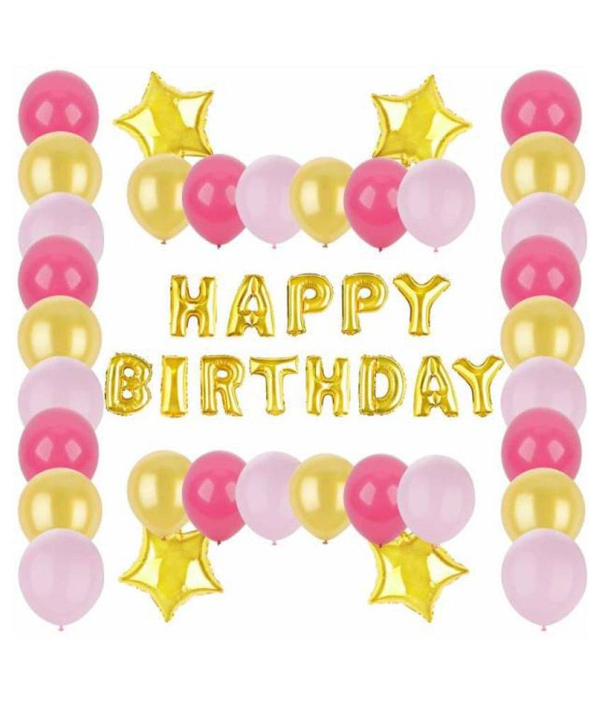     			Kiran Enterprises Happy Birthday Letters Foil Balloons (Gold) + 4 Golden Stars Foil + Pack of 30 Party Decoration Balloons (Pink, Gold & White)