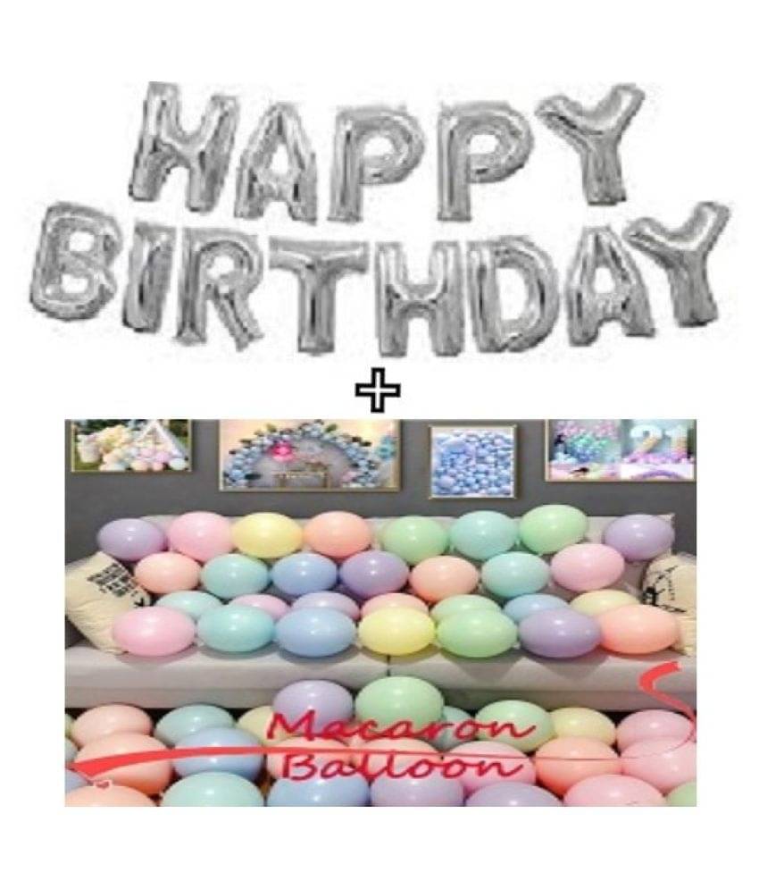 Kiran Enterprises Happy Birthday Letters Foil Balloons Set of 13 Pcs (Silver) + Pack of 30 Pastel Colours Party Decoration Balloons (Multicolour) Kiran Enterprises Happy Birthday Letters Foil Balloons Set of 13 Pcs (Silver) + Pack of 30 Pastel Colours Party Decoration Balloons (Multicolour)