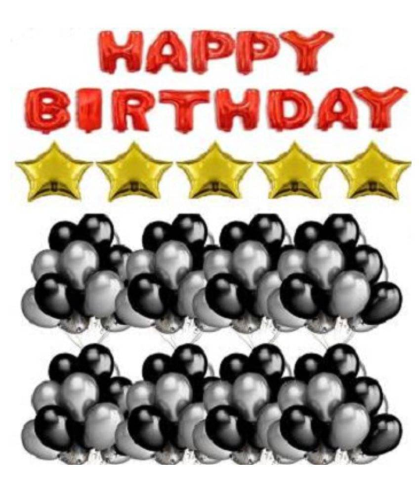     			Kiran Enterprises Happy Birthday Letters Foil Balloons (Red) + 5 Golden Stars + 30 Party Decoration Balloons (Black & Silver)