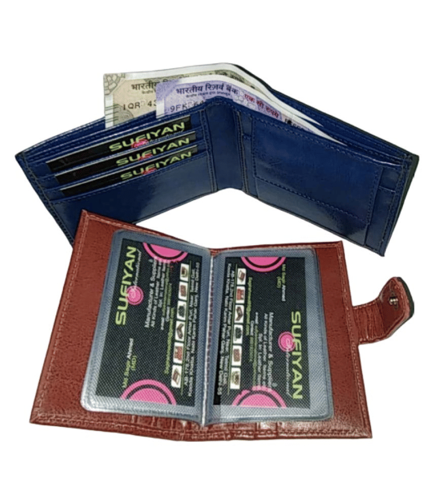     			SAGIR ITALIAN LEATHER Combo Pack of 2 Blue &Tan Faux Leather Wallet Card Holder Faux Leather Blue Fashion Long Wallet