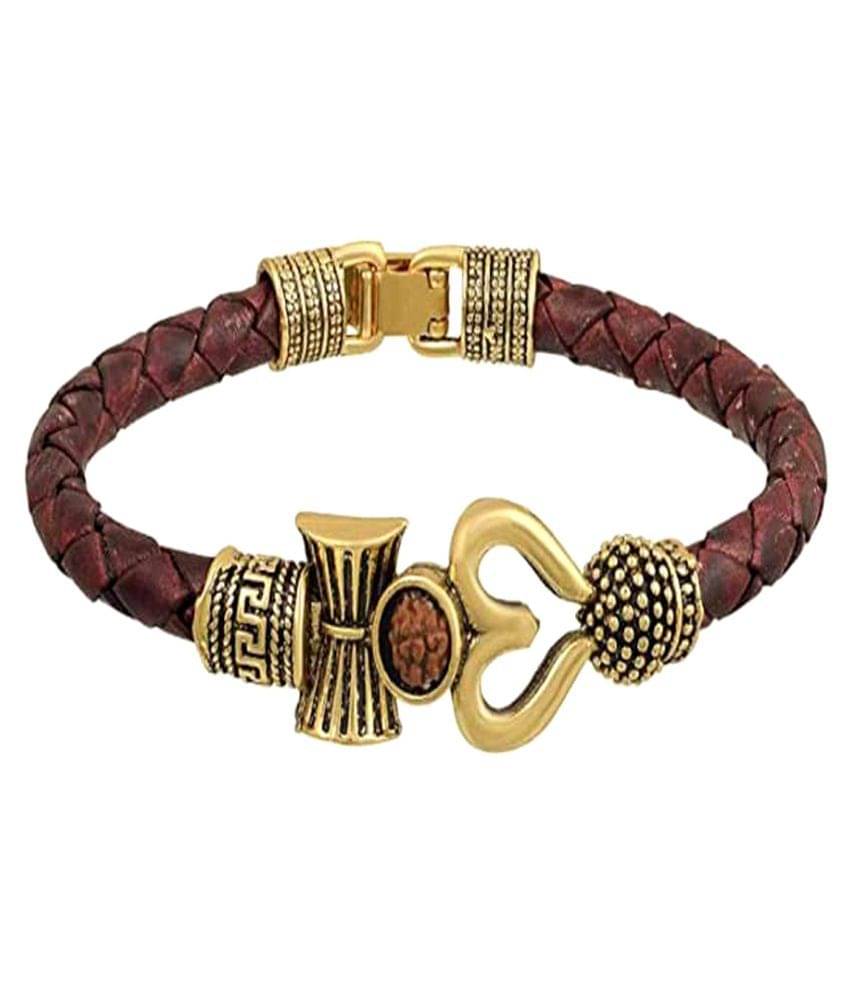     			Cyan spritual (GOLDEN) Trishul Damroo Designer Oxidized golden Bahubali Leather Kada Bracelet Unisex Cuff Bracelets