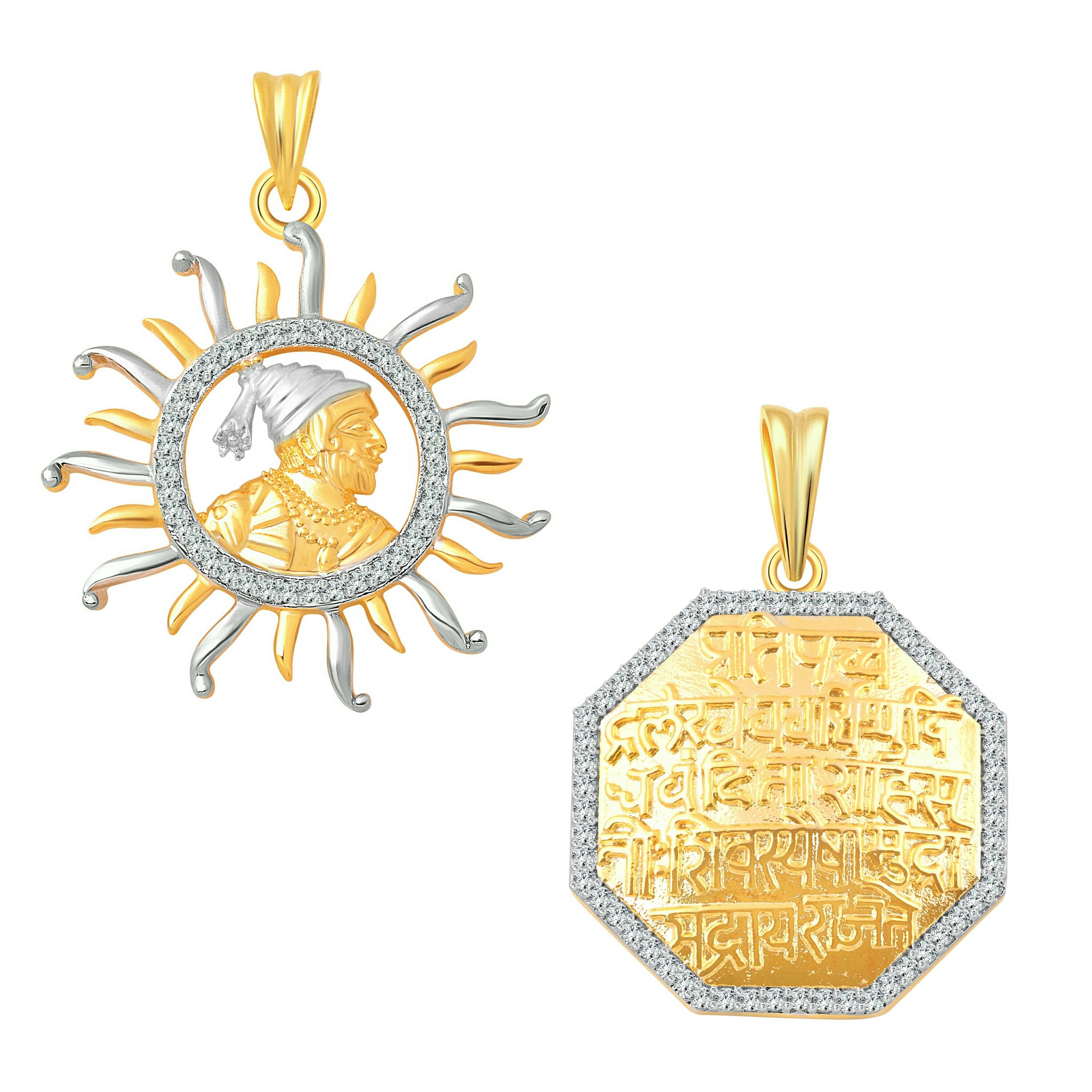    			Vighnaharta Shri Chhatrapati Shivaji Maharaj & Rajmudra CZ Gold and Rhodium Plated Alloy Pendant Combo Set for Men and Boys - [VFJ1097PG]