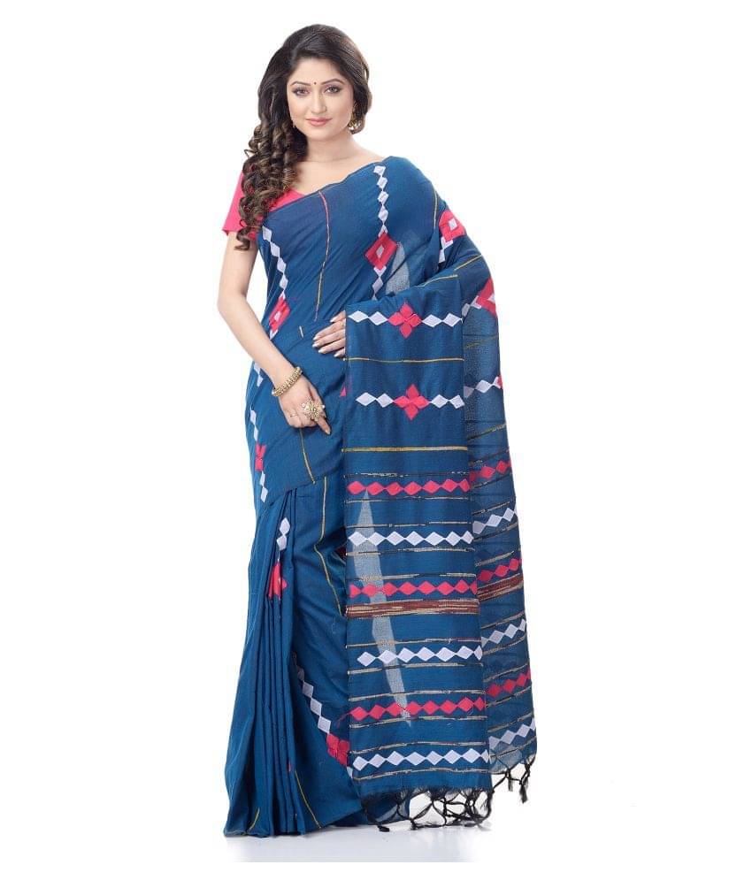 Desh Bidesh Cotton Blend Striped Saree With Unstitched Blouse Piece ( Blue )     			Desh Bidesh Cotton Blend Striped Saree With Unstitched Blouse Piece ( Blue )