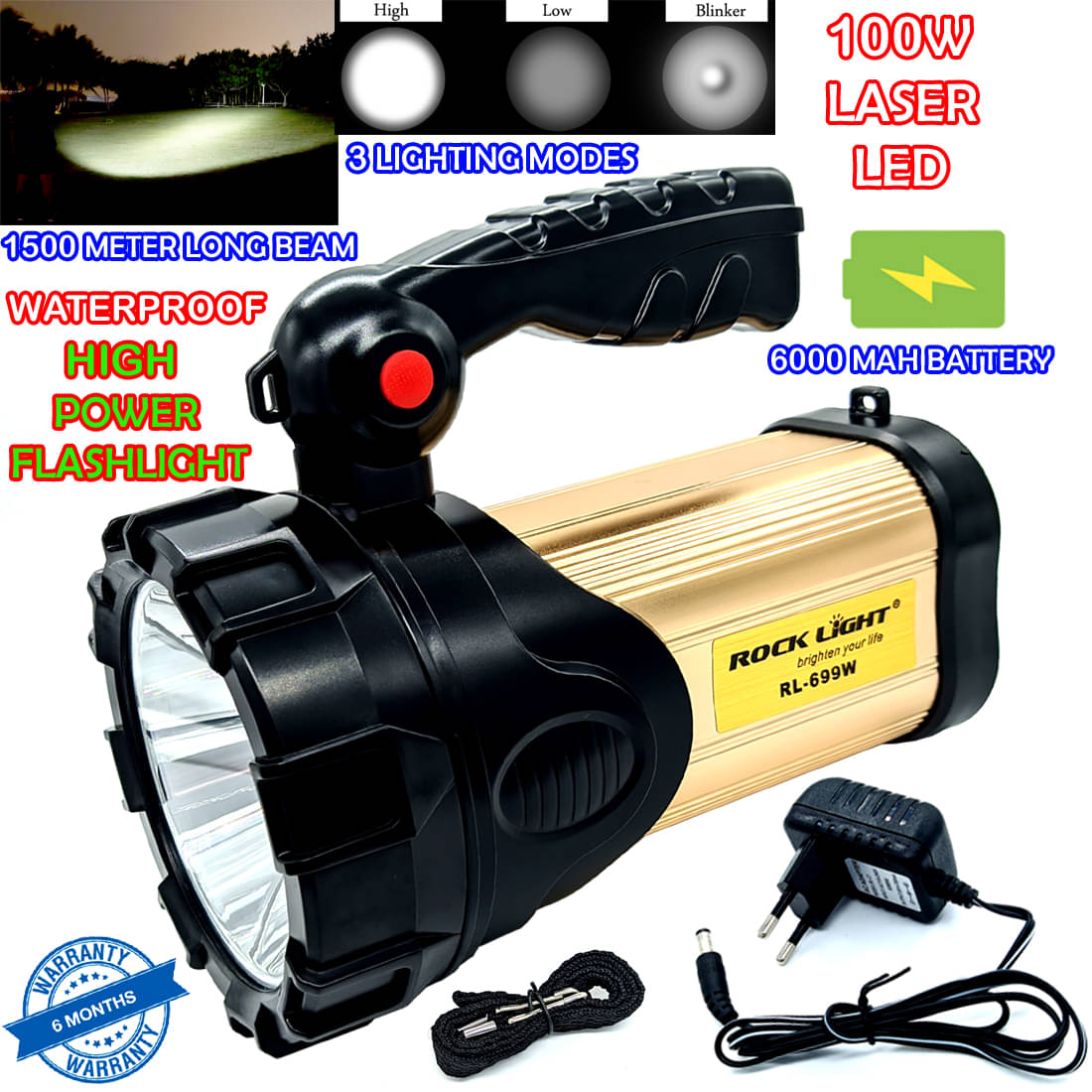 MO 1500 Meter Range Rechargeable Metal Above 50W Flashlight Torch 3 Mode Search Light - Pack of 1 MO 1500 Meter Range Rechargeable Metal Above 50W Flashlight Torch 3 Mode Search Light - Pack of 1