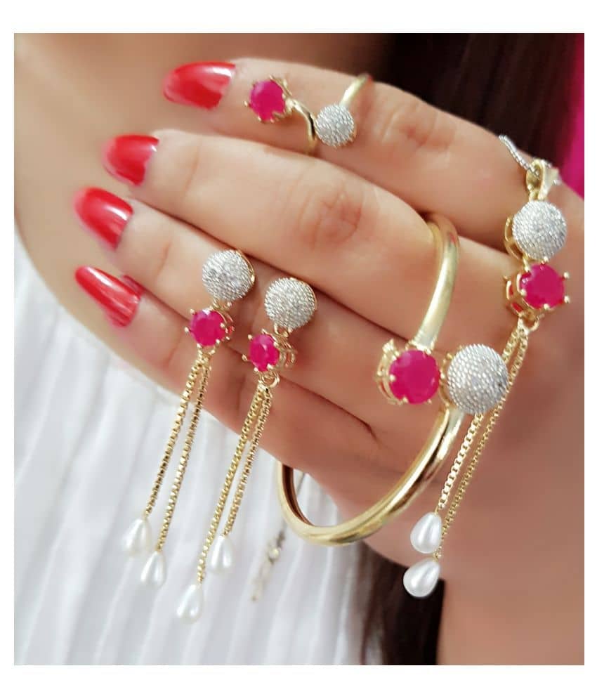 Navya Collections Pink Studded Ameican Diamond Combo Set