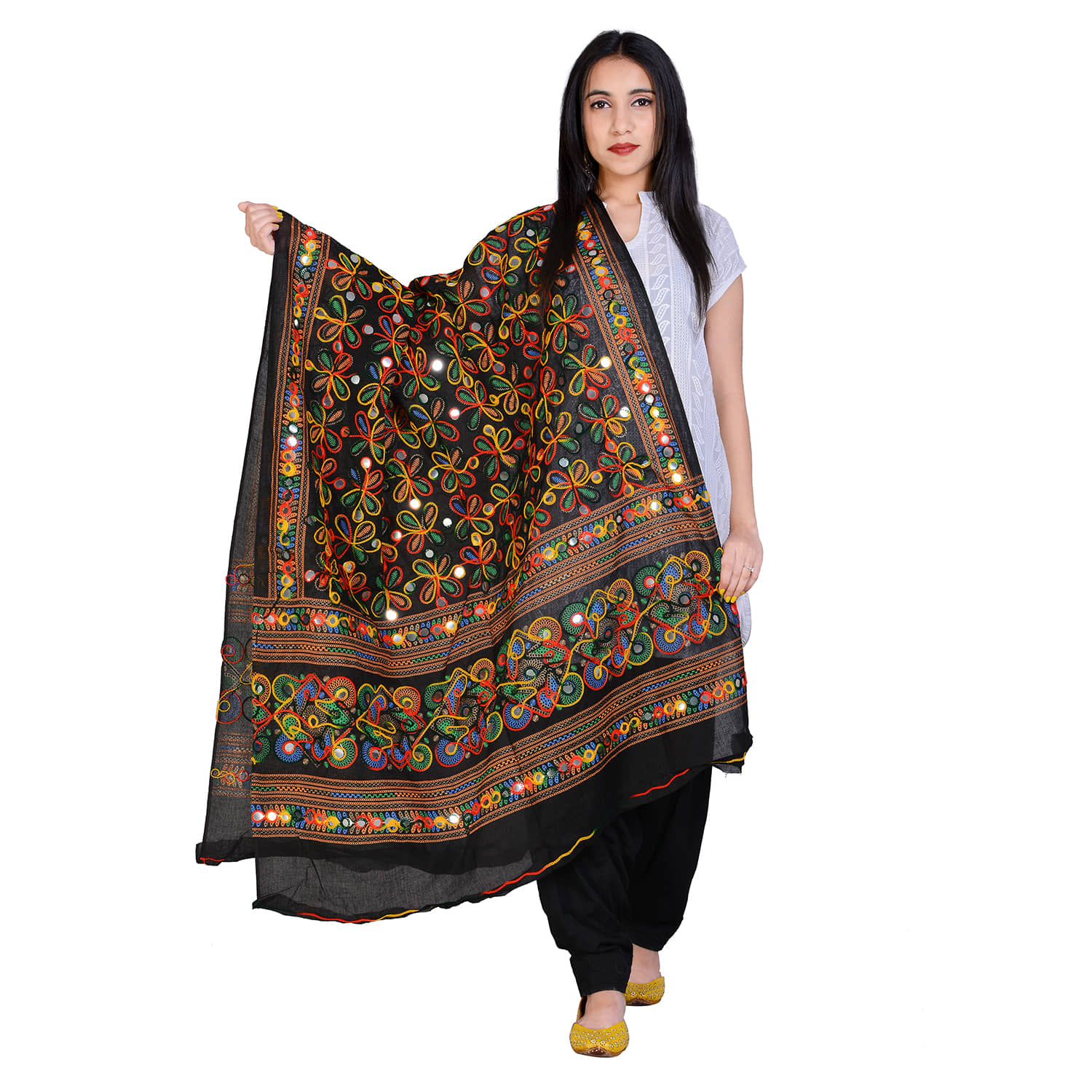 Raj Black Cotton Kutch Embroidered Dupatta - Dupattas & Shawls | Buy online on ZillyBuy