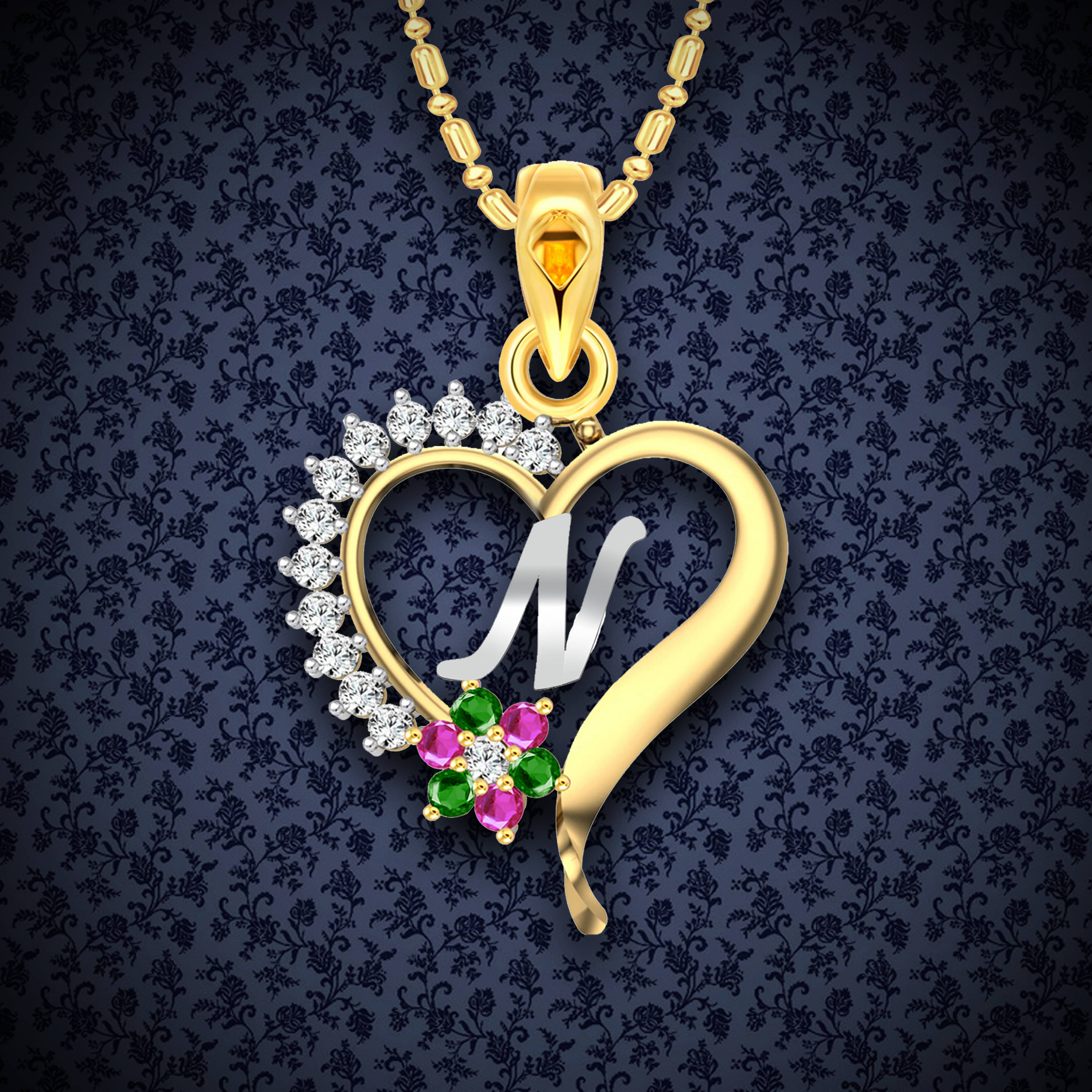     			Vighnaharta Valentine Gift Traditional Flower Heart Initial N Letter CZ Gold and Rhodium Plated Alloy Pendant for Women and Girls-[VFJ2106PG]