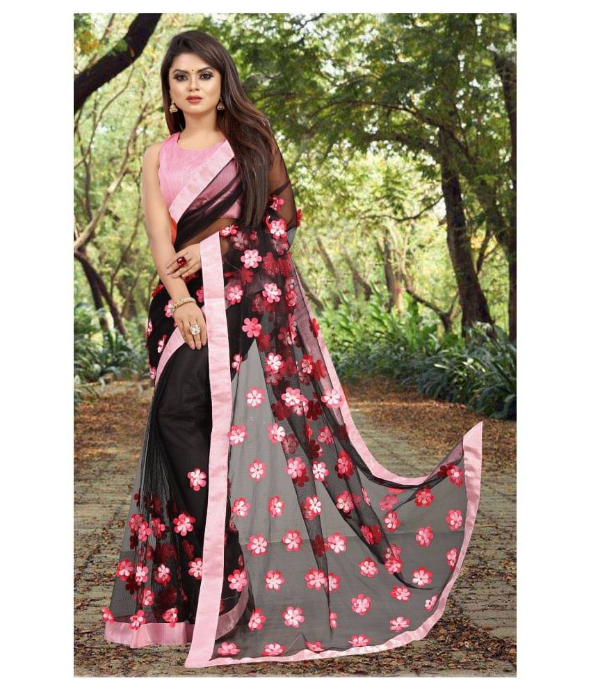 Gazal Fashions Net Applique Saree With Unstitched Blouse Piece ( Black ) Gazal Fashions Net Applique Saree With Unstitched Blouse Piece ( Black )