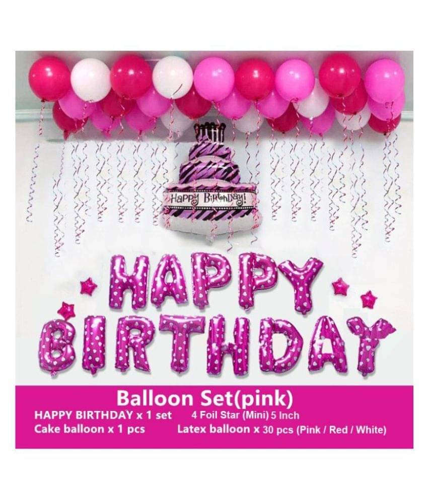     			Happy Birthday Pink Foil Balloons (13 Letter)+ 1 Cake Foil + 4 Stars Foil (5 Inchs)(Pink)+ 30 Balloons (Pink, Red, White)