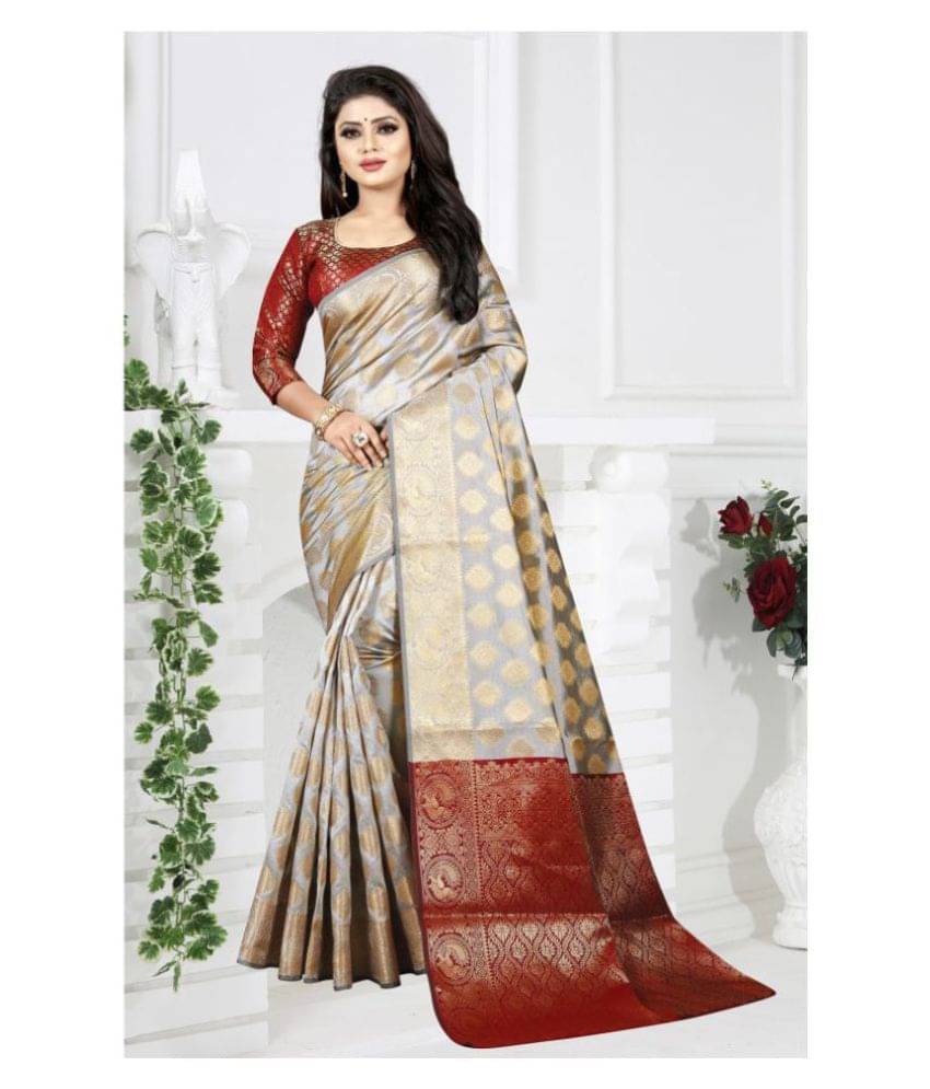     			Gazal Fashions Banarasi Silk Printed Saree With Unstitched Blouse Piece ( Light Grey )