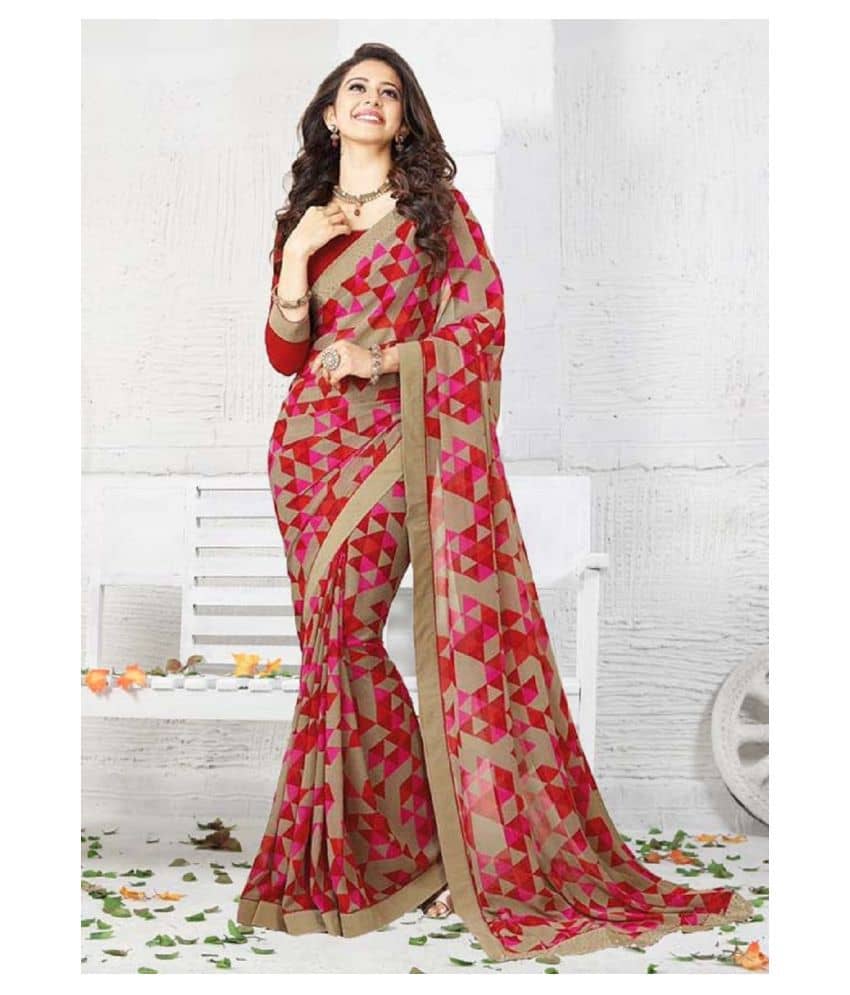 Gazal Fashions Chiffon Printed Saree With Unstitched Blouse Piece ( Multicolor ) - Sarees | Buy online on ZillyBuy